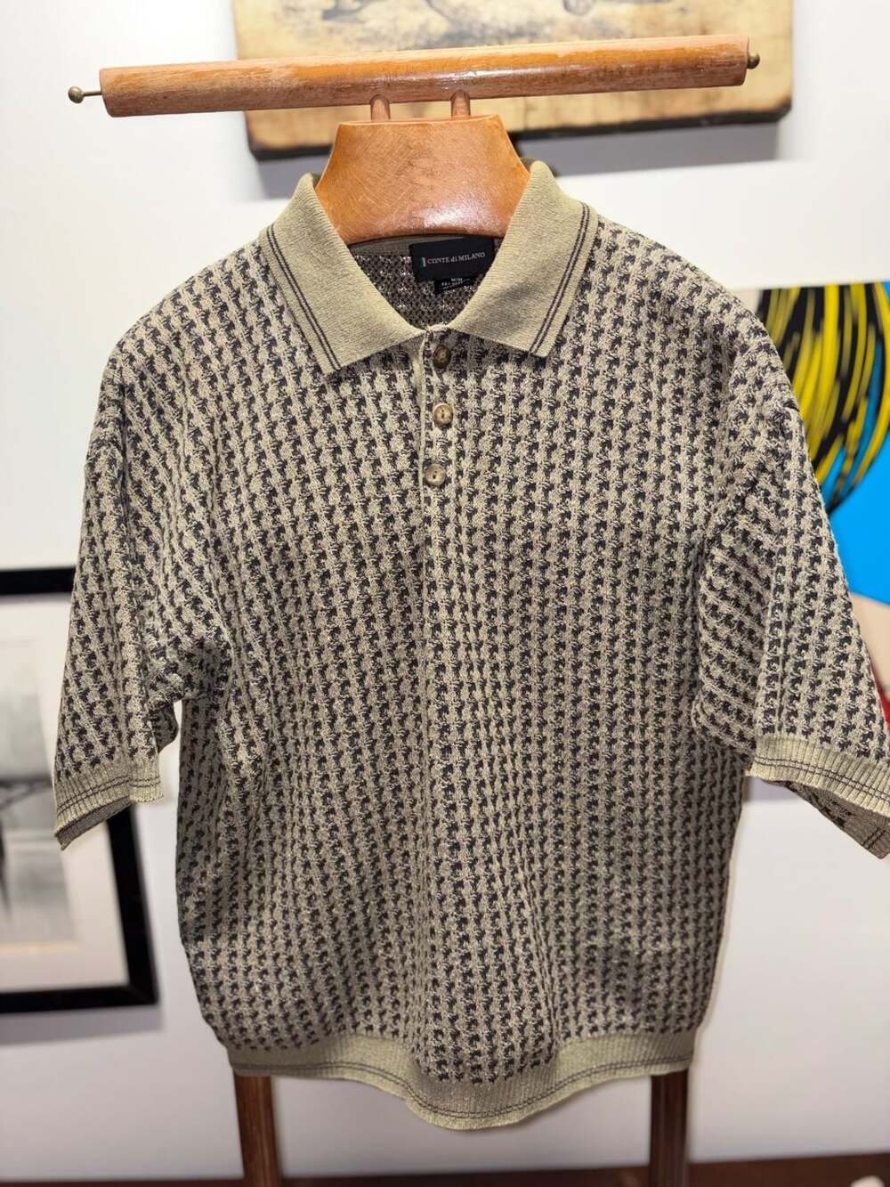 Conte Di Milano Size M Knit Polo Shirt Green Patterned